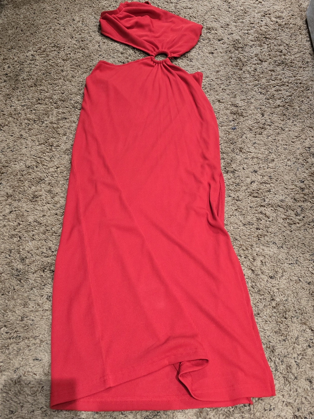 Asymmetrical One-Shoulder Red Dress with Ring Detail